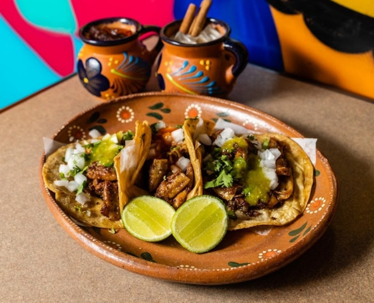 Large group catering buffet with build-your-own taco stations